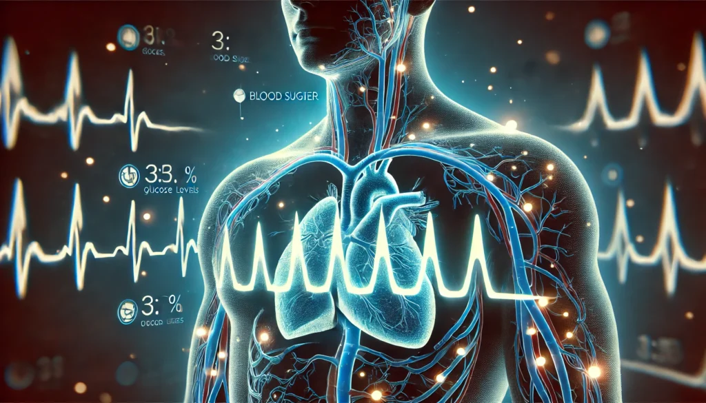 Futuristic visualization of blood sugar fluctuations depicted as glowing peaks and valleys within the circulatory system, illustrating glucose spikes and drops in diabetics