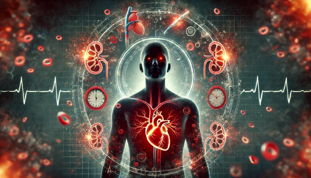 Conceptual medical illustration of a human silhouette with glowing red highlights on eyes, heart, kidneys, nerves, and feet, symbolizing the long-term effects of uncontrolled diabetes on major organs, set against a dark, scientific-themed background