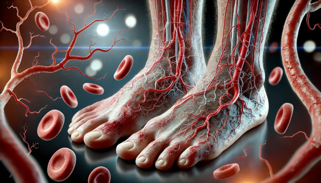 Hyper-realistic medical illustration of diabetic neuropathy, showing inflamed tissue, scarred blood vessels, and nerve damage in hands and feet, symbolizing how prolonged uncontrolled diabetes impairs circulation and nerve function