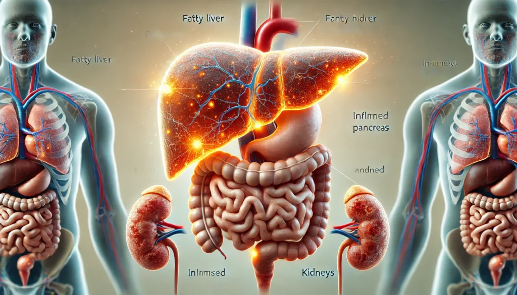 Anatomical cross-section of human organs showing damage from long-term uncontrolled diabetes, including a fatty liver, inflamed pancreas, enlarged heart, and scarred kidneys, with glowing highlights to emphasize inflammation in a clinical setting