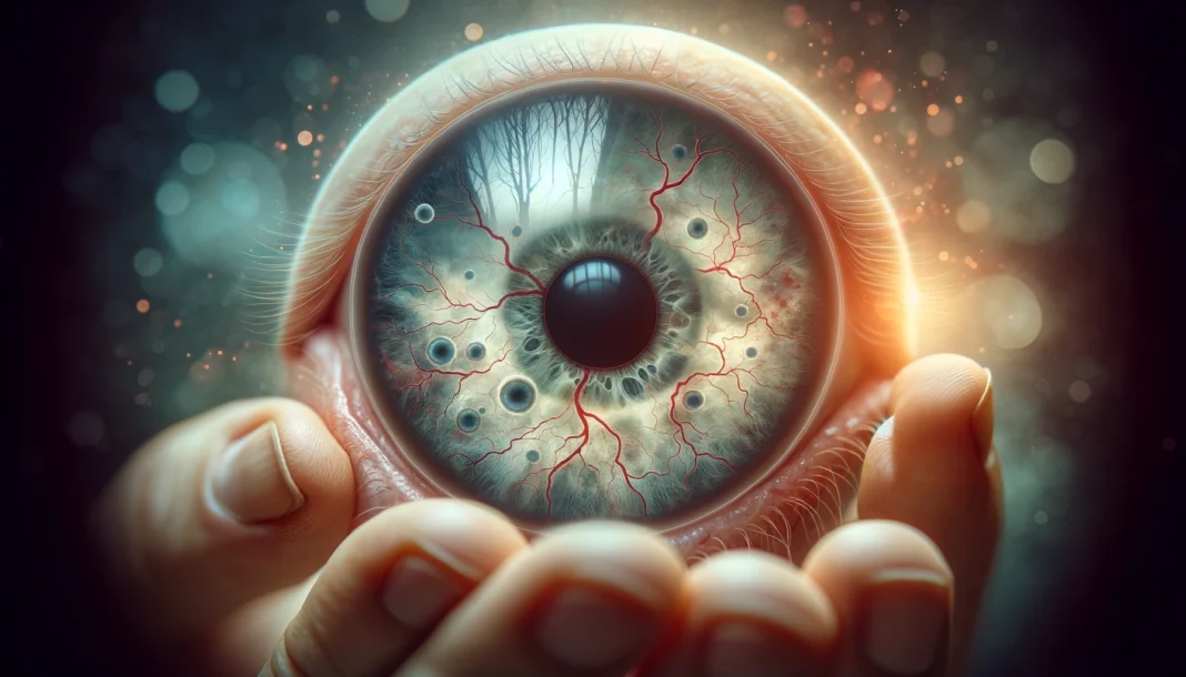 Close-up symbolic visualization of diabetic retinopathy, showing a human eye with abnormal retinal blood vessels, hemorrhages, and cloudy vision—representing the visual deterioration caused by long-term uncontrolled diabetes