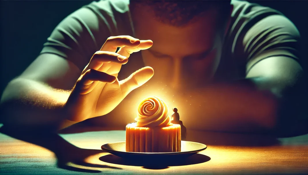 A metaphorical scene of a stressed individual in a dimly lit room reaching toward a glowing dessert, symbolizing the emotional pull of sugar during stress