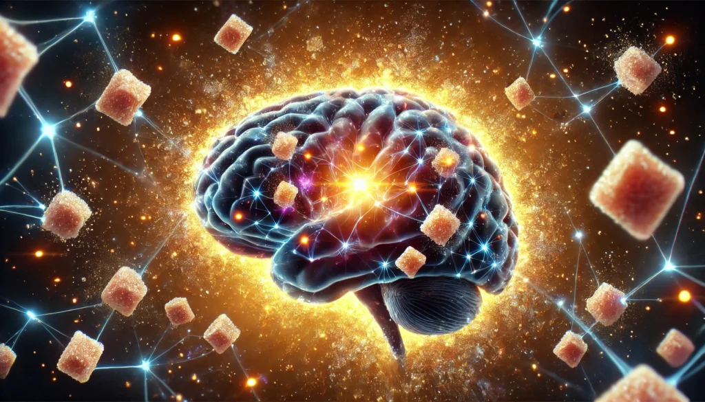 An abstract image of the human brain with glowing neural pathways activated by golden sugar crystals, visually depicting sugar’s influence on brain activity
