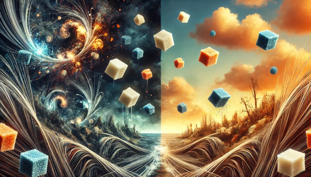 A surreal landscape divided between stormy stress and peaceful calm, with floating sugar cubes in the sky symbolizing sugar as an emotional refuge
