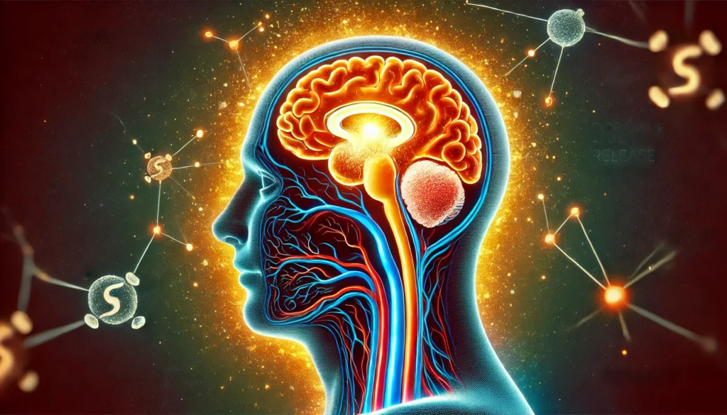 A stylized cross-section of the human body showing sugar entering the bloodstream and stimulating the brain’s emotional centers, with highlighted dopamine pathways