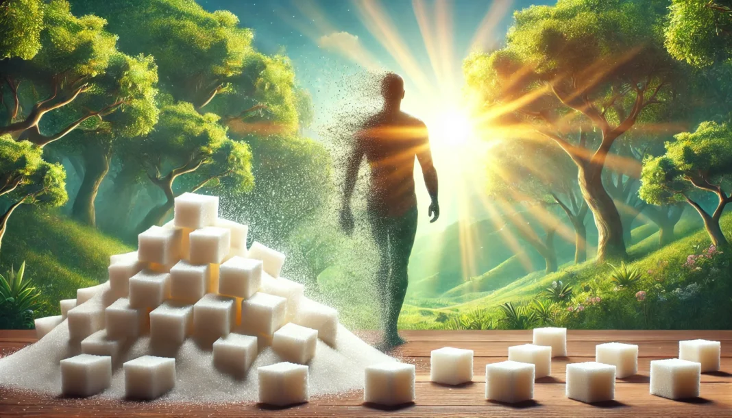 Symbolic visual of sugar withdrawal featuring a person walking away from a pile of sugar cubes into a serene, sunlit natural landscape, symbolizing improved energy and emotional well-being after quitting sugar