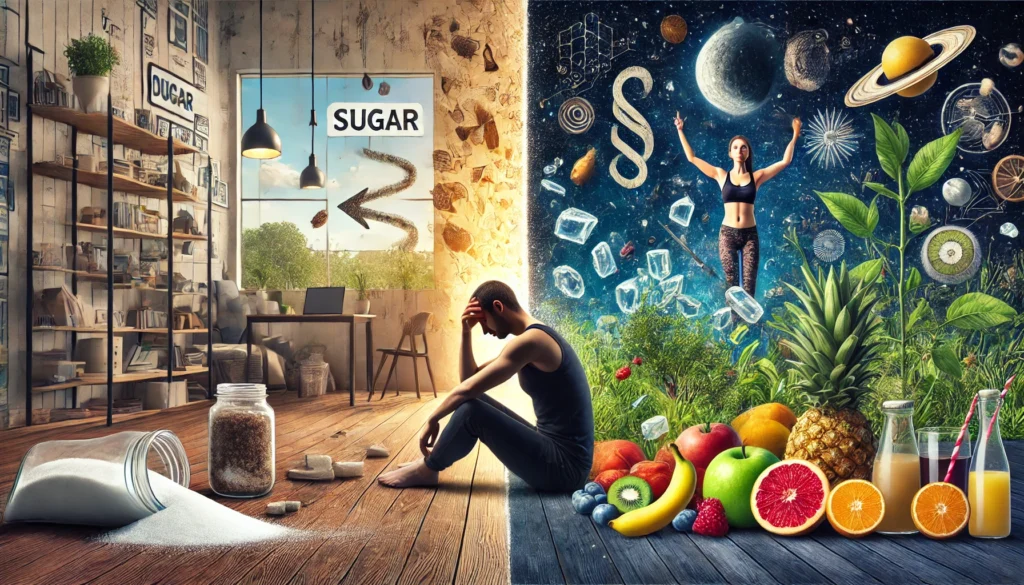 Conceptual split-scene image showing before-and-after effects of sugar detox, with one side depicting fatigue and headaches in a dark room, and the other showing vitality, fruits, and nature, symbolizing recovery and lifestyle transformation