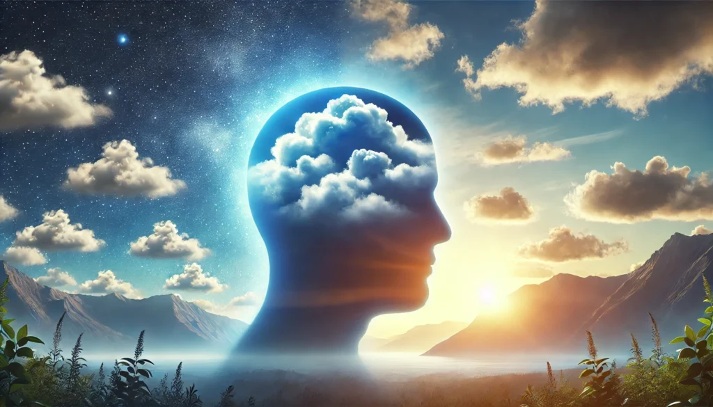 Visual metaphor of mental clarity after cutting sugar, showing a silhouette of a head with cloudy thoughts on one side and a clear sky on the other, set against a peaceful sunrise landscape to symbolize cognitive improvement