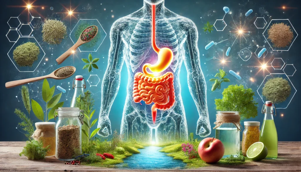 Symbolic representation of improved gut health after quitting sugar, featuring a glowing digestive system in a transparent human torso surrounded by natural wellness elements like herbs and clean water