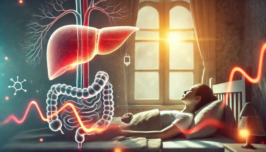 Surreal morning scene of a sleeping person with glowing liver and pancreas overlays, and a rising wave of glucose, visually representing the dawn phenomenon and early morning high blood sugar