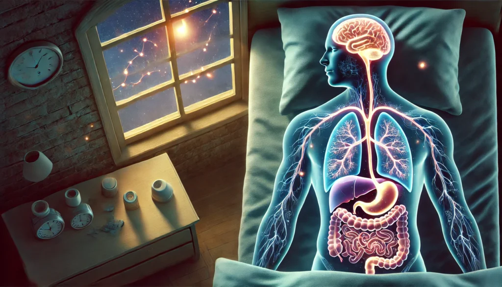 Stylized cross-section of a sleeping person showing brain, liver, pancreas, and adrenal glands connected by glowing hormone signals, representing hormonal triggers of morning high blood sugar