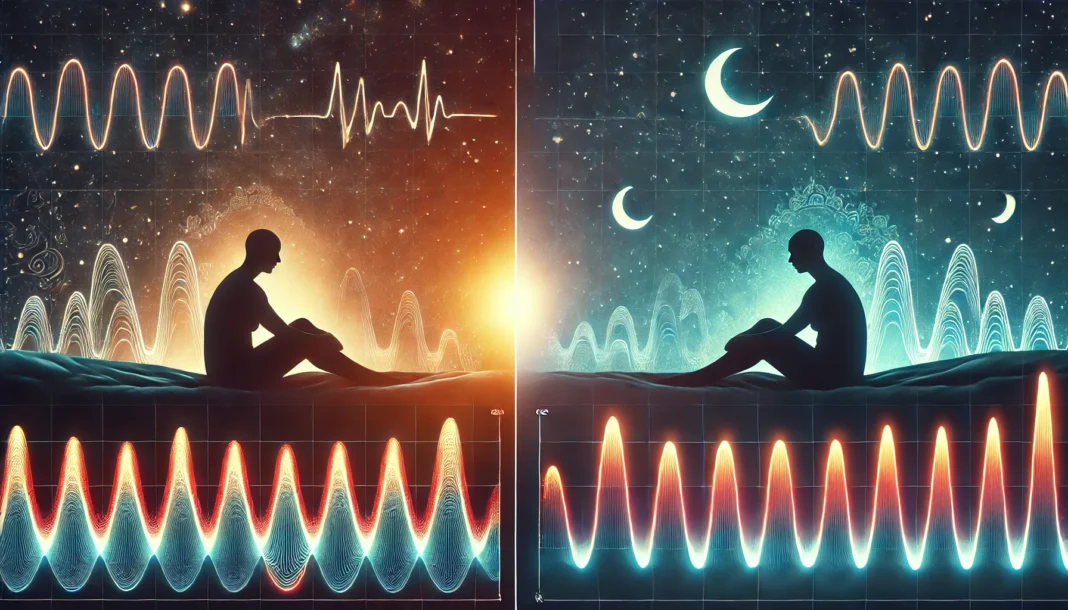 Conceptual illustration comparing Somogyi effect and dawn phenomenon blood sugar patterns over a sleeping figure, with glowing curves showing nighttime dip versus gradual rise as morning approaches