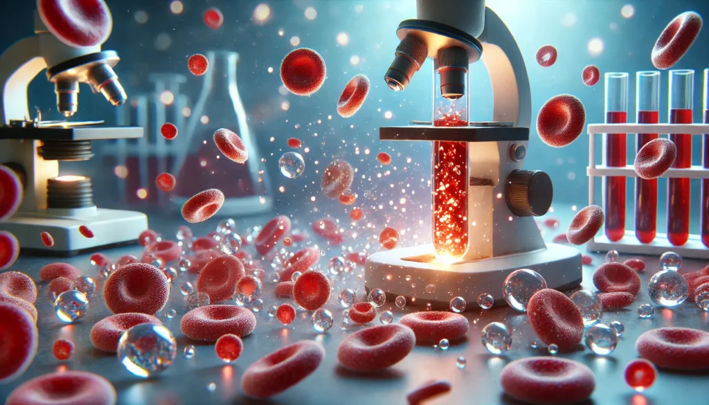Close-up 3D render of blood under a microscope, with glucose molecules glowing as they interact with red blood cells, set against a soft-focus laboratory background suggesting early signs of prediabetes