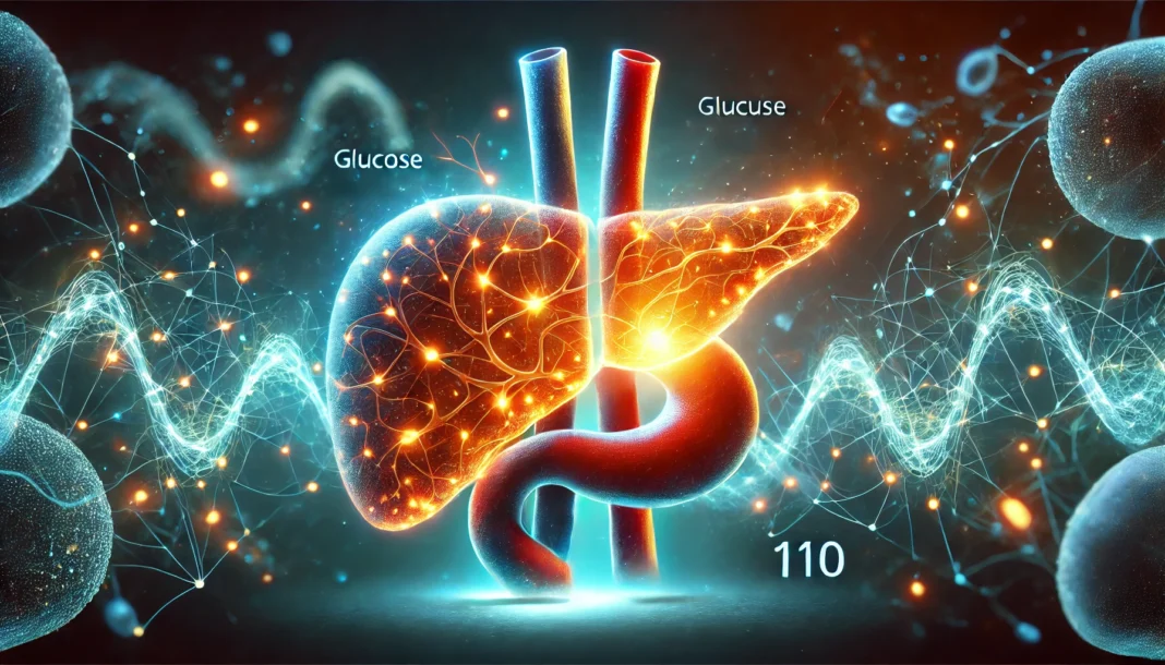 Artistic anatomical cross-section of the pancreas and liver with glowing energy streams illustrating glucose pathways, visually representing the body’s metabolic response to a 110 glucose level and early signs of prediabetes