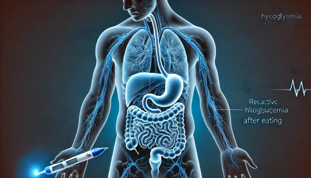 Anatomical illustration of a human figure showing pancreas and digestive system, depicting a post-meal drop in blood sugar linked to reactive hypoglycemia, in a clinical and scientific style