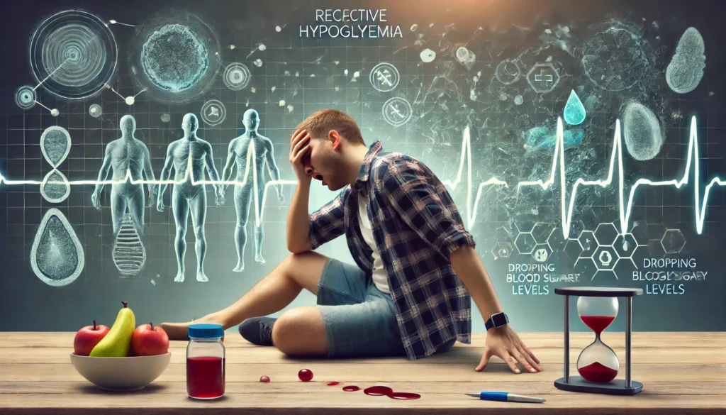 Realistic visual of a person experiencing fatigue and dizziness after eating, symbolizing reactive hypoglycemia with scientific overlay of blood sugar drop in a medical-style design
