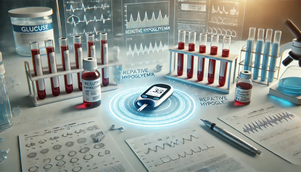 High-tech medical laboratory with test tubes, blood samples, and glucose meter, visually representing scientific research on reactive hypoglycemia and blood sugar regulation
