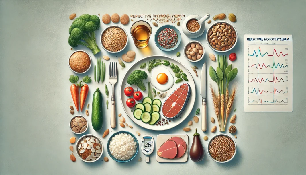 Realistic image of a balanced plate with low glycemic foods including whole grains, vegetables, and lean protein, symbolizing dietary treatment for reactive hypoglycemia after eating