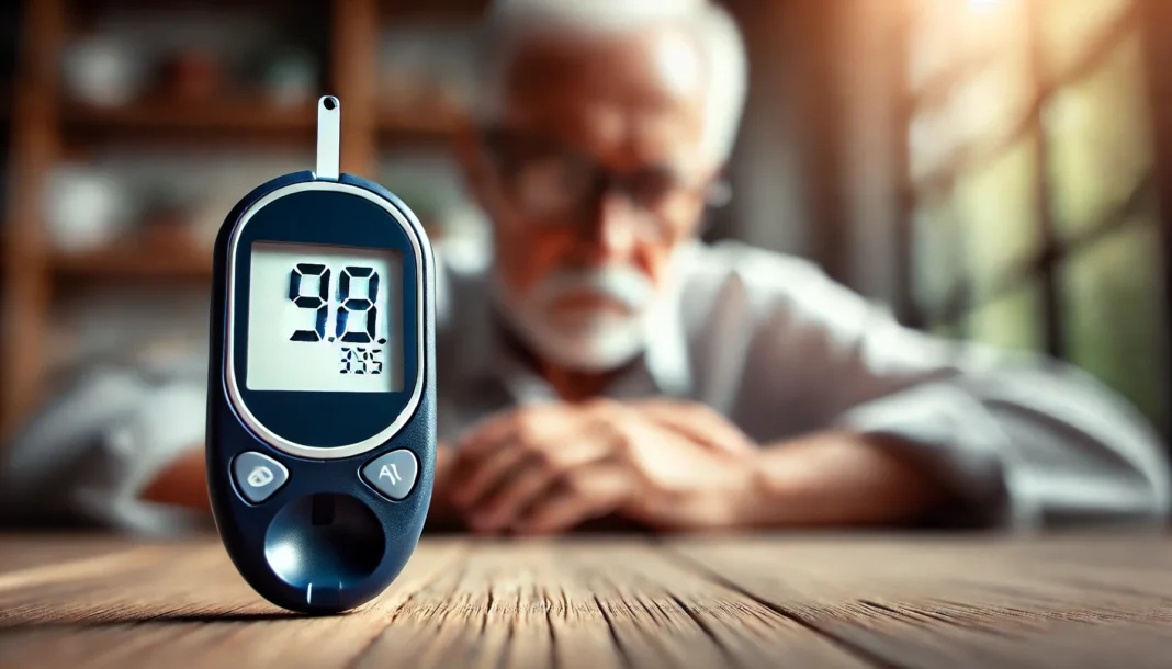 Close-up of a blood glucose meter displaying a high reading with a blurred concerned adult in the background, symbolizing the urgency of identifying dangerous blood sugar spikes