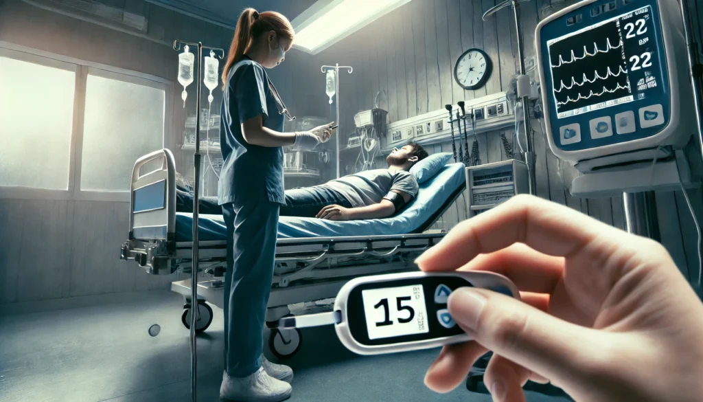 Hospital emergency room scene with a nurse checking a patient’s blood glucose level, capturing the urgency of dangerously high blood sugar and the need for immediate medical attention