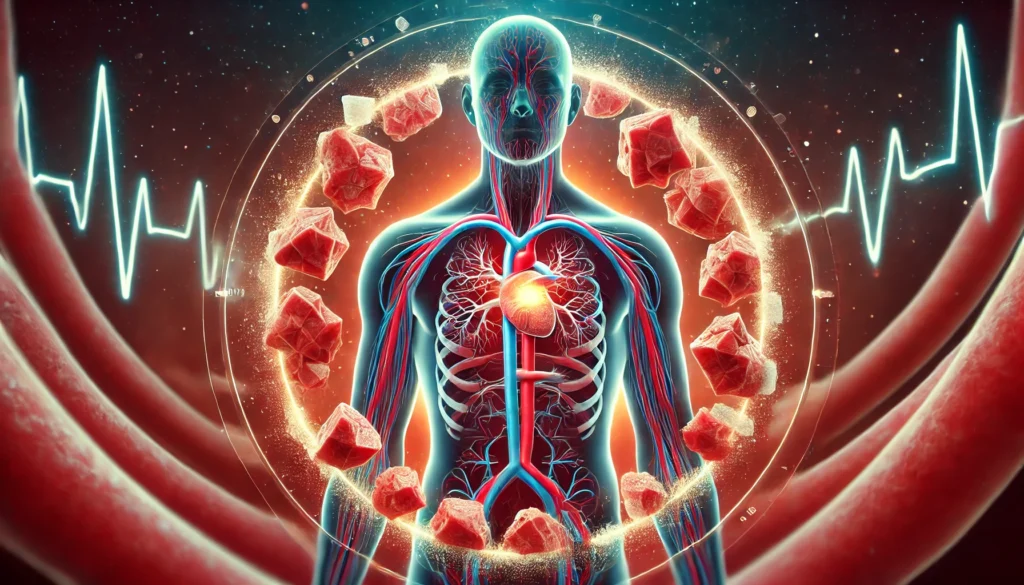 Stylized medical illustration of blood vessels showing a glucose spike, representing how high blood sugar levels impact the body internally during dangerous sugar surges