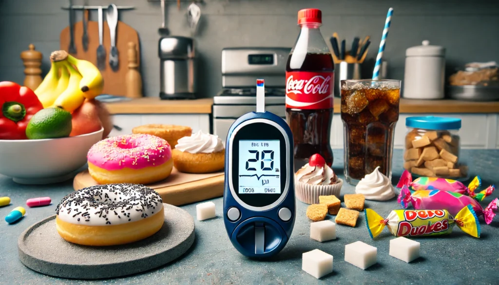 Kitchen countertop with sugary foods like donuts and soda beside a high-reading glucose monitor, visually highlighting the connection between diet and dangerously elevated blood sugar levels