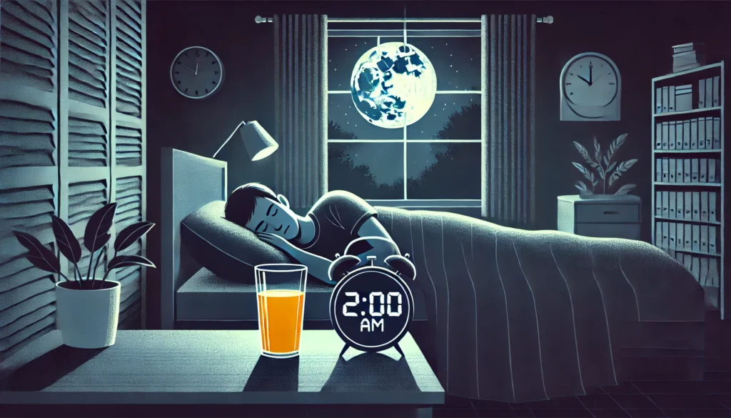 A person sleeps peacefully at night with moonlight streaming through the window, a glass of orange juice and a digital clock showing 2:00 AM on the nightstand, visually representing nocturnal low blood sugar
