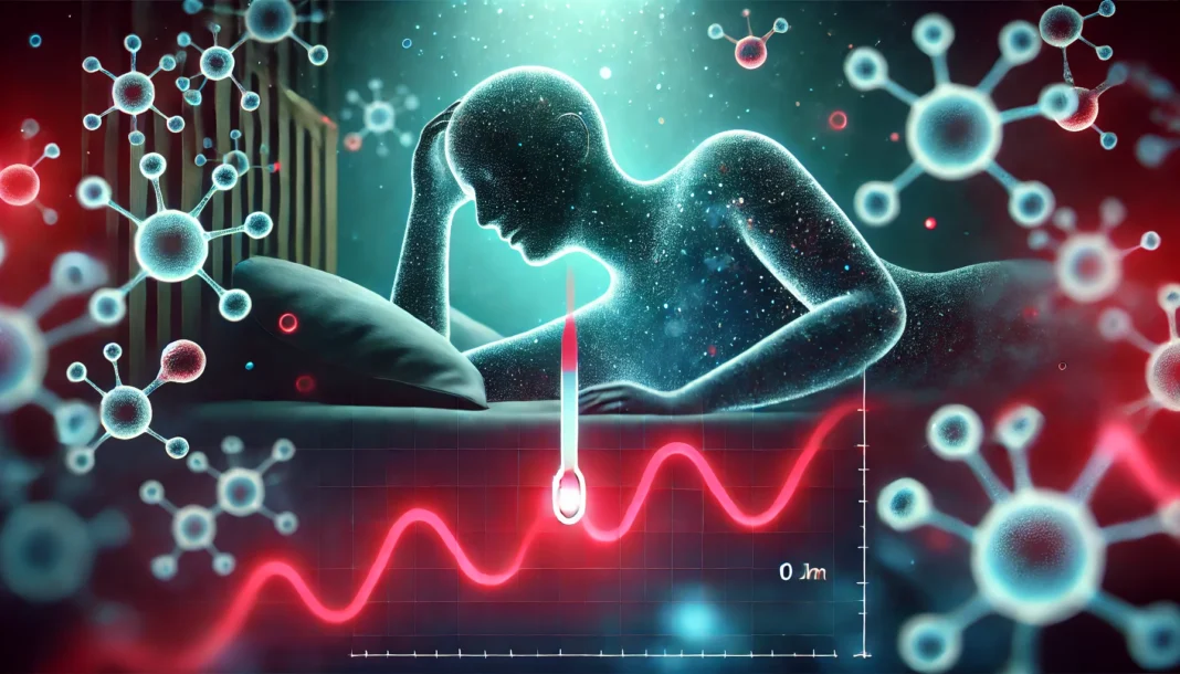 An abstract nighttime image of a glowing human silhouette in bed, with a red-to-blue gradient line symbolizing a drop in blood sugar, surrounded by floating molecular shapes and dim light pulses representing nocturnal hypoglycemia