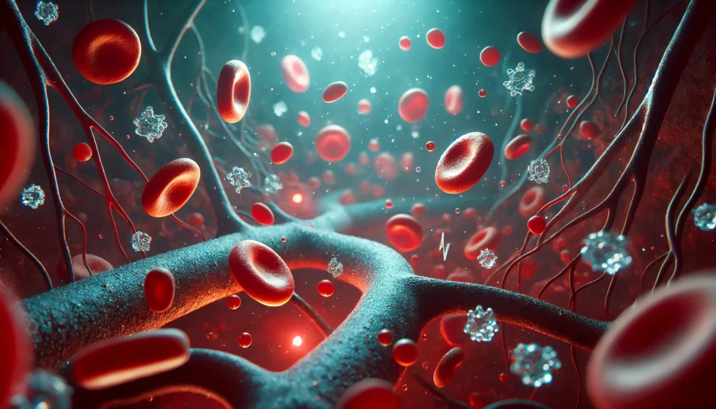 A medical-style nighttime visualization of blood vessels showing red blood cells and glucose molecules decreasing, illustrating the physiological process of nocturnal low blood sugar