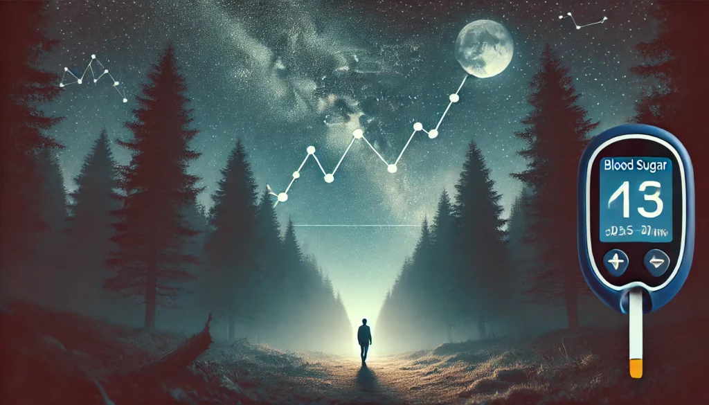 A serene nighttime forest scene with a figure walking under moonlight, accompanied by a symbolic blood sugar graph dipping like a constellation in the sky, visually portraying nocturnal hypoglycemia