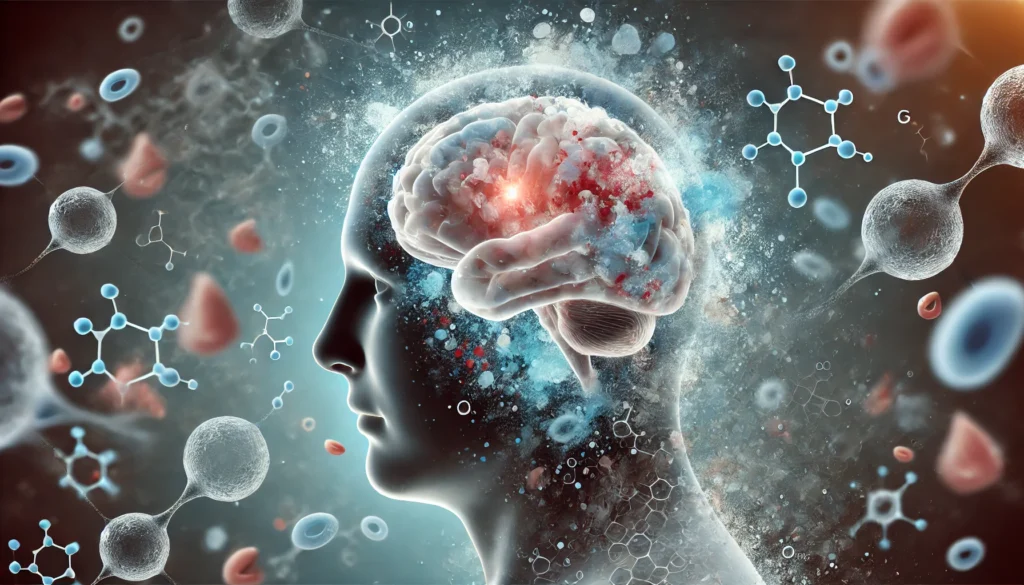 Conceptual illustration of a human brain with fading regions to symbolize memory loss, surrounded by subtle neuron and glucose molecule overlays, representing how diabetes affects cognitive function
