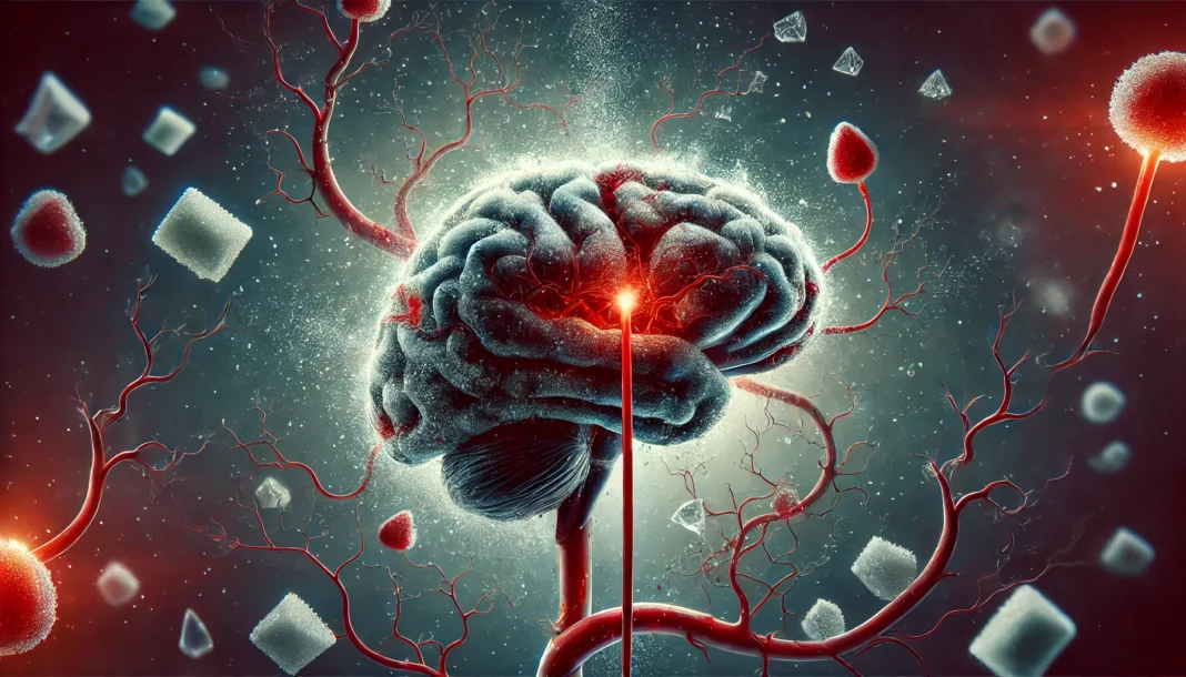 Surreal depiction of a human brain linked to a bloodstream filled with sugar crystals, with inflamed and deteriorating brain regions, symbolizing the connection between high blood sugar and dementia