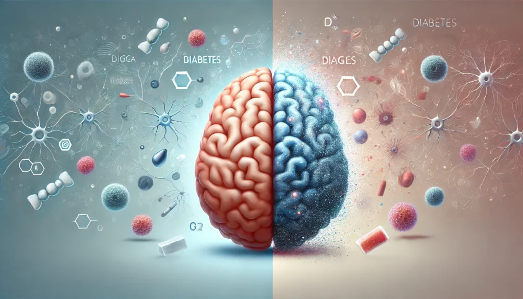 Illustration of a brain split into two halves—one healthy with active neurons, the other dim and fading with neuron loss—linked by sugar molecules, symbolizing diabetes-related memory decline