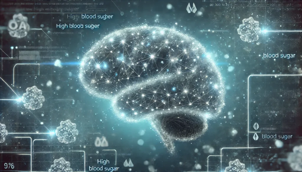Futuristic digital illustration of a brain network disrupted by sugar crystals, with dimmed neural circuits and hazy regions representing memory fog caused by diabetes-related neurological decline