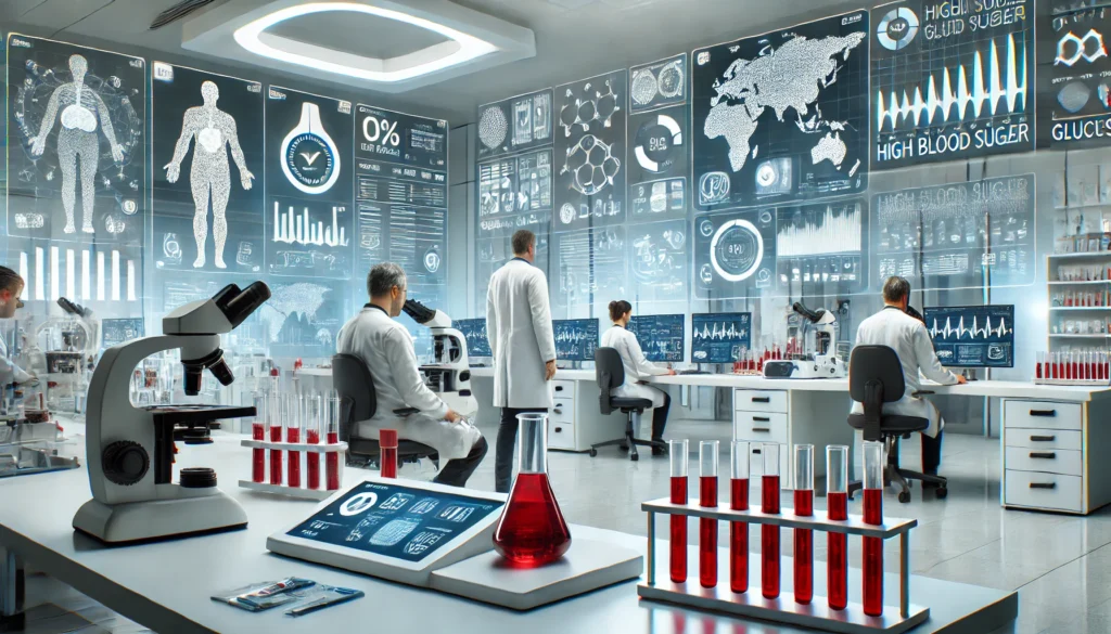 A futuristic medical lab with scientists analyzing blood samples and digital glucose charts, representing cutting-edge research in high blood sugar treatment