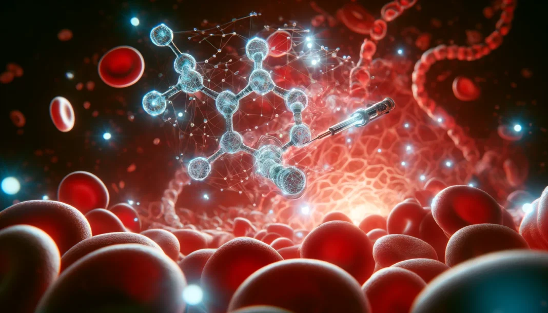 A 3D visualization of insulin molecules interacting with glucose in a glowing bloodstream, highlighting molecular breakthroughs in high blood sugar treatment research