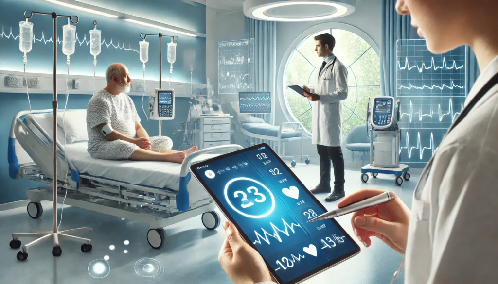 A hospital scene showing a patient undergoing high blood sugar treatment with real-time glucose monitoring and digital data review by a doctor, reflecting advancements in diabetes care