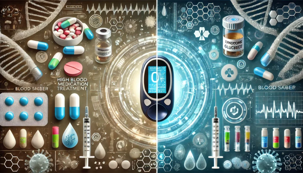 A split-screen concept showing traditional high blood sugar medications beside futuristic treatment options like wearable glucose tech and gene therapy, symbolizing the evolution of diabetes care