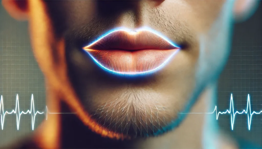 Close-up view of lips with a glowing outline against a blurred, cool-toned background, symbolizing tingling lips associated with diabetes or low blood sugar