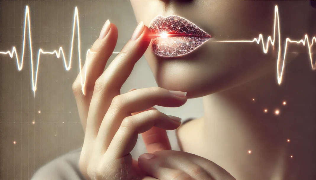 Person gently touching their lips with both hands while glowing lines radiate outward, visually representing nerve-related discomfort linked to hypoglycemia or diabetic neuropathy