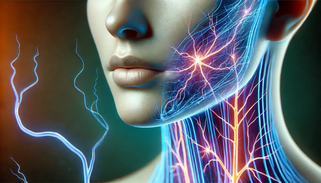 Abstract depiction of nerve pathways glowing and leading to the lips, symbolizing the pins and needles sensation caused by blood sugar imbalances or nerve dysfunction.