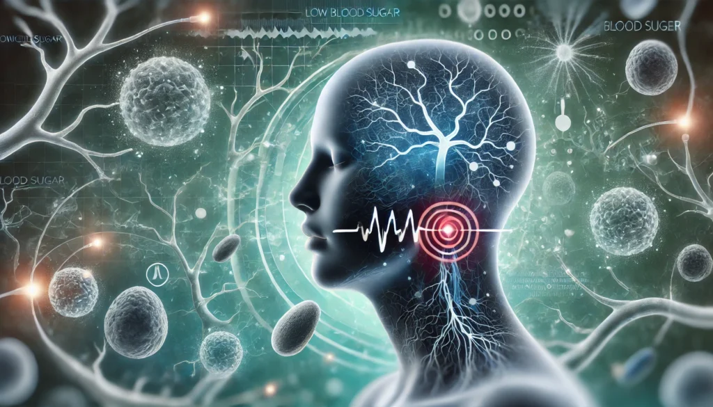 Stylized human silhouette with highlighted lips and blurred energy lines, surrounded by abstract symbols of blood sugar and nerves to represent tingling lips from hypoglycemia or diabetes