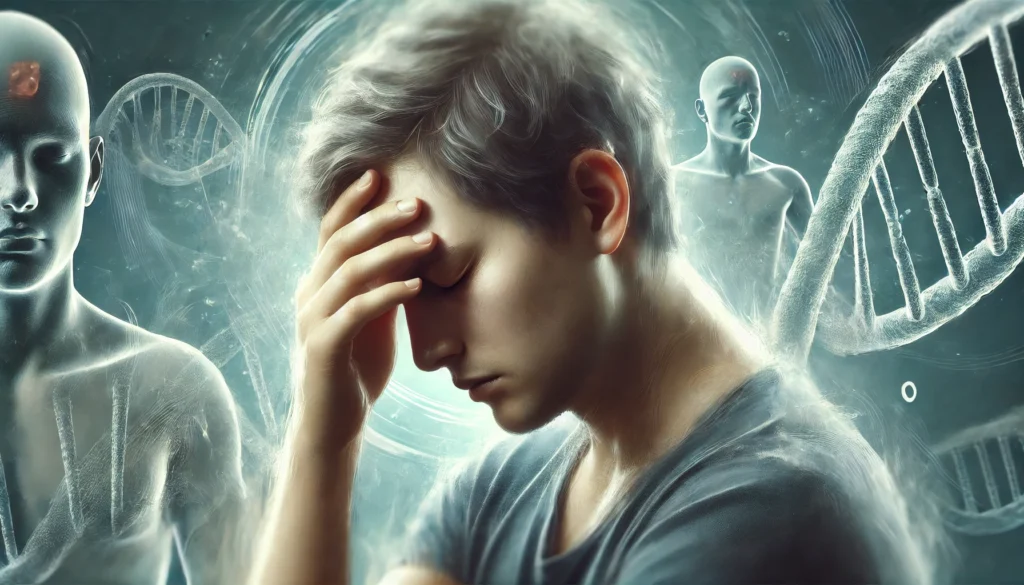 A realistic digital painting of a fatigued person holding their head in discomfort, depicting the effects of low blood sugar. The background subtly represents symptoms like dizziness and weakness with abstract swirling patterns. The cool, muted color palette emphasizes unease