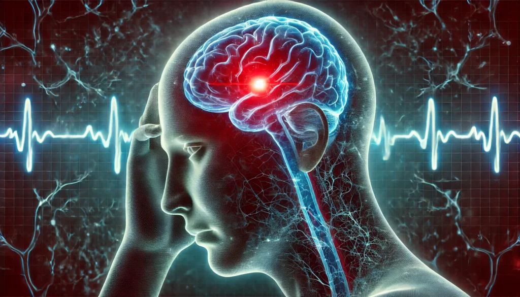A conceptual digital artwork of a semi-transparent human head with a glowing red pain point on the forehead, illustrating the connection between low blood sugar and headaches. Inside the head, abstract blue and red energy waves represent fluctuating blood sugar levels. The dark background features a neural network pattern symbolizing brain activity affected by hypoglycemia