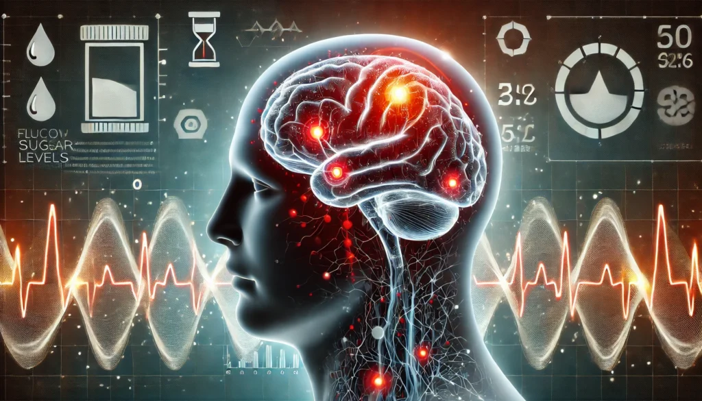 A medical-themed digital illustration showing a human brain with red-highlighted pain points, depicting the effects of hypoglycemia. Abstract waves represent fluctuating blood sugar levels, with a faint overlay of medical data charts and glucose indicators. The dark background has a subtle glow, emphasizing the brain’s stress under low blood sugar conditions