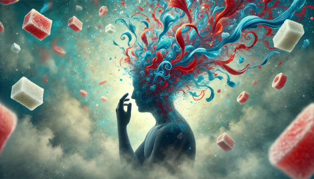 A surreal artistic representation of a person’s silhouette with their head dissolving into swirling blue and red patterns, symbolizing blood sugar fluctuations. The background features a dreamy, foggy atmosphere with floating sugar cubes fading into the mist, illustrating the body's struggle with low glucose levels. The image conveys dizziness and confusion