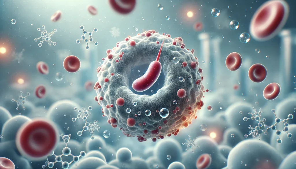 Medically accurate 3D rendering of a human cell with sparse glucose molecules, visually depicting low blood sugar in a clinical laboratory setting