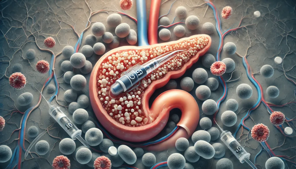 Cross-section illustration of the human pancreas and bloodstream showing insulin activity and reduced glucose levels, highlighting physiological effects of low blood sugar