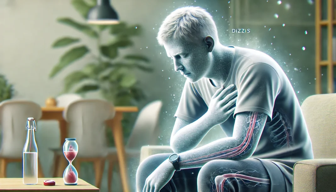 Realistic depiction of a fatigued individual showing signs of dizziness and sweating, representing physical symptoms of low blood sugar in a home environment