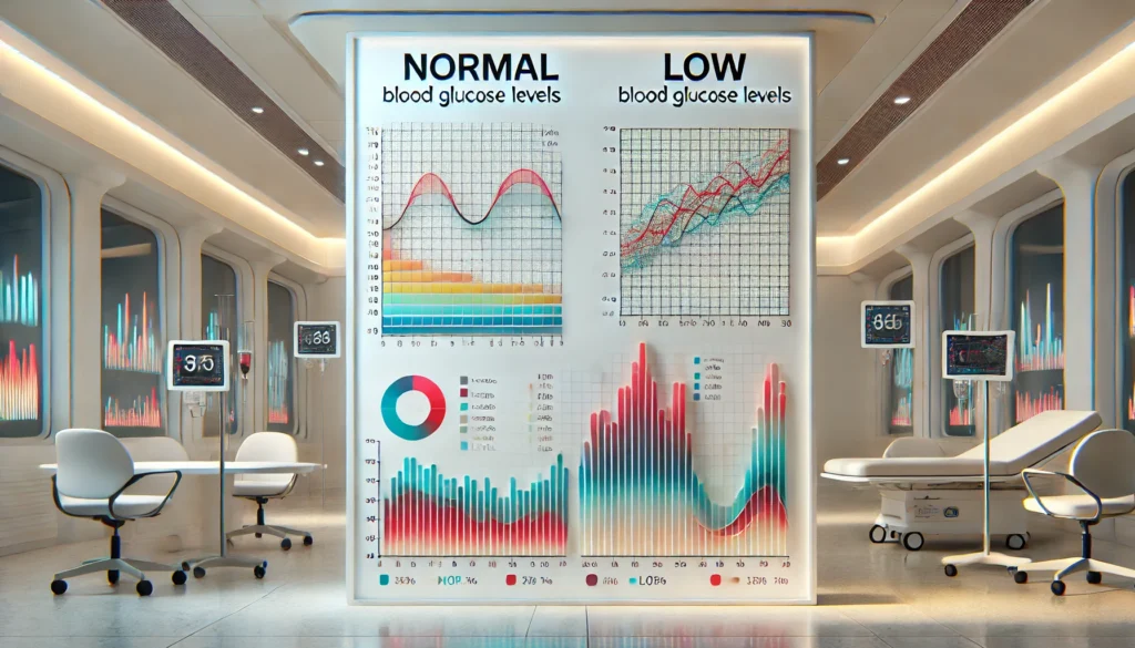 Visual comparison of normal and low blood glucose levels using 3D-style chart bars and curves, designed without text in a sterile medical setting for scientific clarity
